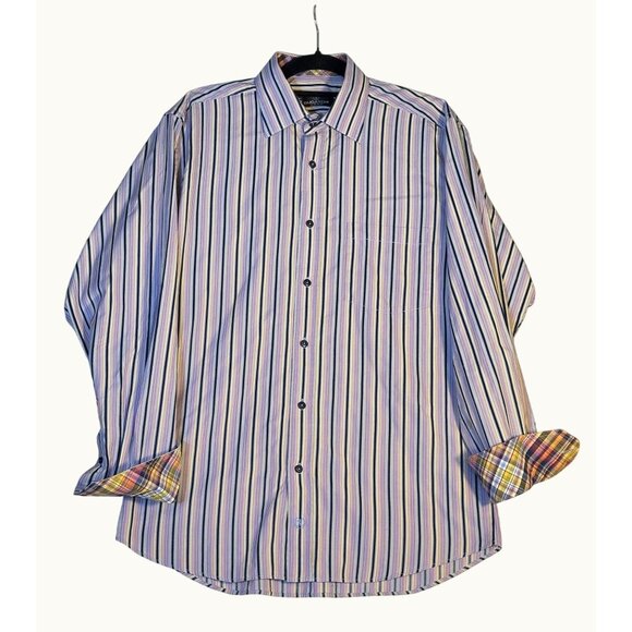 Bugatchi Mens Long Sleeve Striped Button Down Shirt Red Blue Contrast Cuff Large - Picture 1 of 16